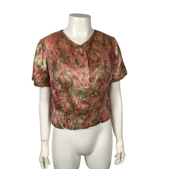 1950s Pink Metallic Paisley Print Button Up Crop Top Blouse / Women's Medium - Picture 6 of 6
